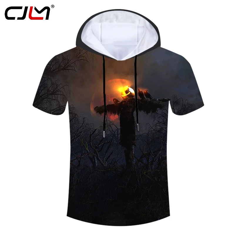 

Футболка CJLM с капюшоном и 3D-принтом для Хэллоуина, Мужская футболка из полиэстера с рисунком огня и страха, прямая продажа, мужской спортивн...