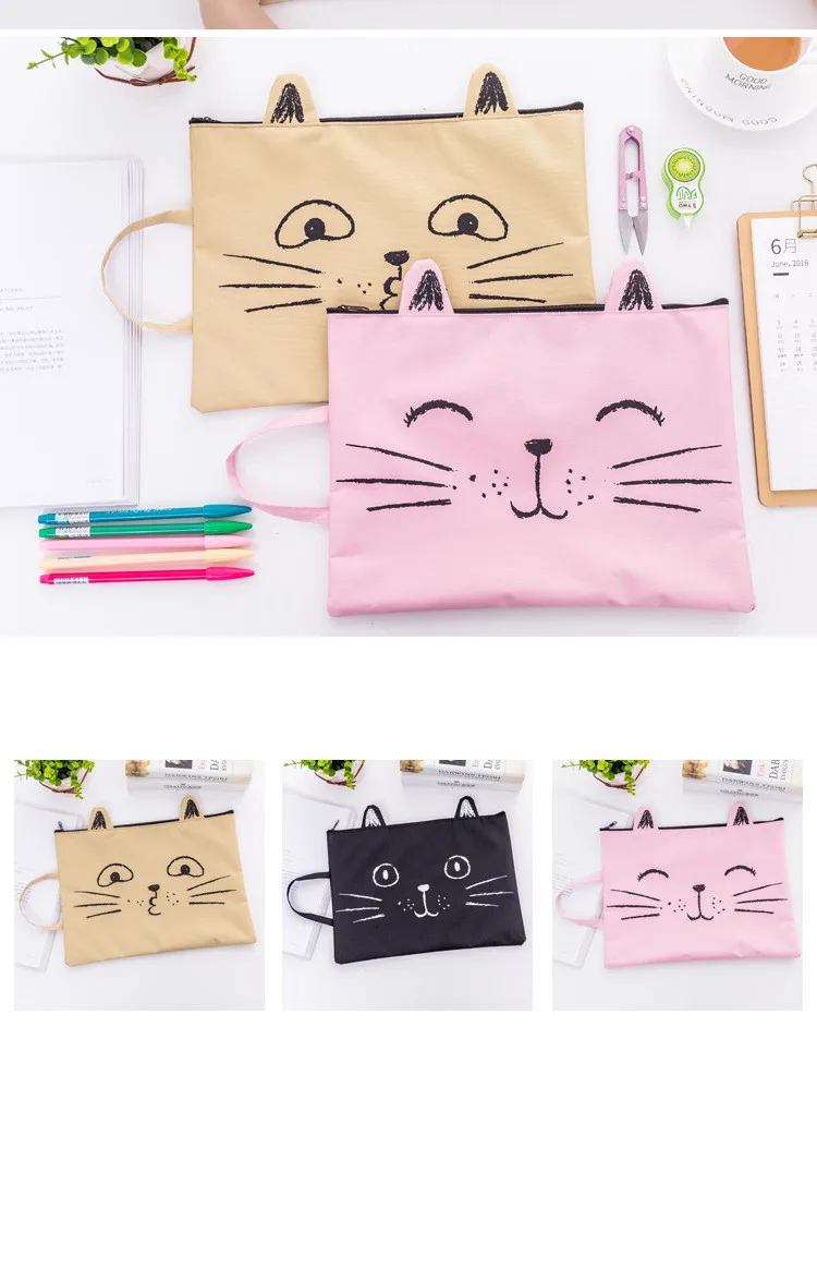1 шт. Kawaii Kitty Cat Милая тканевая папка на молнии, папка для документов, блокнот, органайзер, сумка для студентов, офисные канцелярские принадлежности