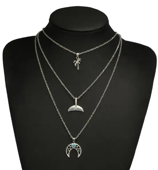 Bohemia Coco Tree Mermaid Moon Pendant Necklaces Multi Layer Silver Chain Chokers Necklace Collar for Women Jewelry | Украшения и