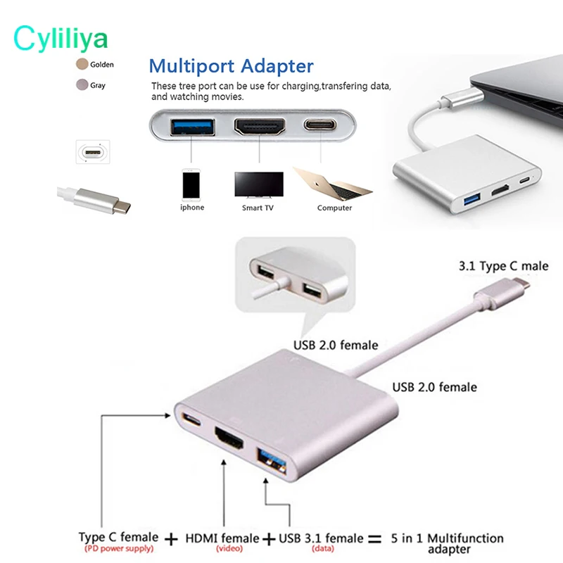 1 шт. USB 3 Type C к HDMI цифровой многопортовый адаптер 4K женский 2 порта 0 хаб и OTG