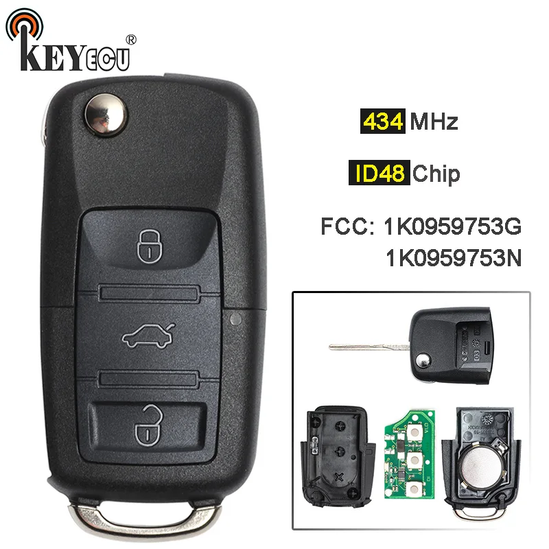 KEYECU 10x434 МГц ID48 чип 1K0 959 753 G / N флип 3 кнопки дистанционного ключа Fob для Volkswagen Skoda