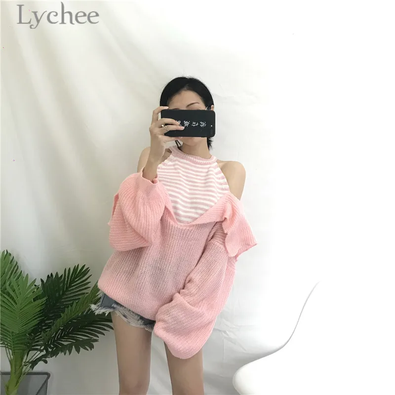 Женский Осенний вязаный свитер Lychee в полоску с открытыми плечами и рукавом
