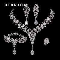 hibride high quality white micro cz stone pave 4 pieces women jewelry sets necklaceringbraceletearing for bridal n 207