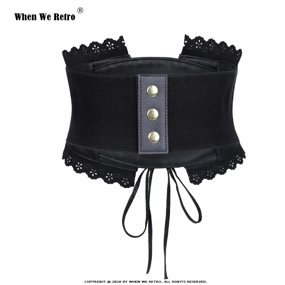 When We Retro Vintage Hollow Carved Design Leather Belt Women Black Wide Stretch Elastic Cinch Waist Trimmer Belts VB0013 | Аксессуары