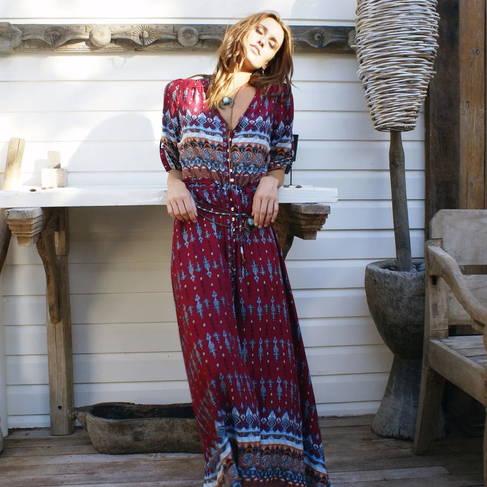 Женское платье Макси Boho винтажное с v-образным вырезом и цветочным принтом
