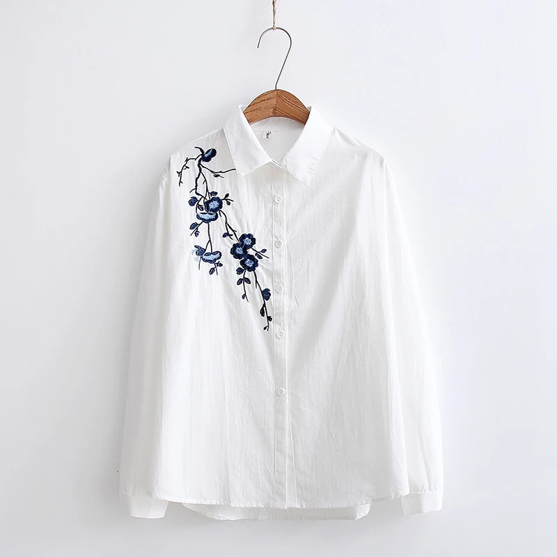 DAIQIANNI Pocket Striped Shirt Women 2018 Spring Flower Embroidered Blouse Long Sleeve Cotton Loose Camisas Mujer Tops |