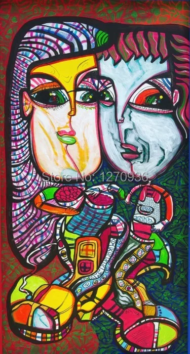 Пара абстрактной живописи маслом на холсте они едят обеды красочные красивые