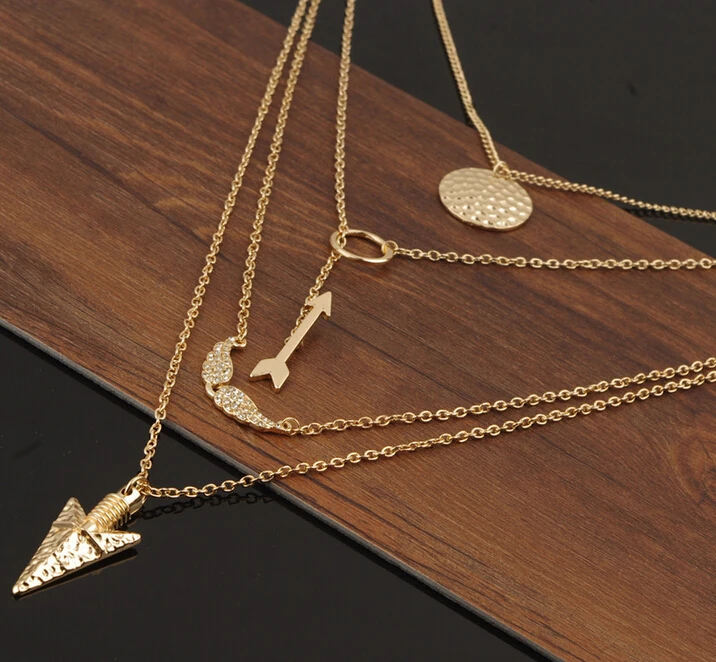 Новый дизайн панк золотые стразы крылья ангела стрелы диск круглые ожерелья