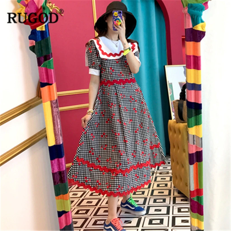 RUGOD 2019 Новое Женское шикарное клетчатое платье с вишневым принтом воротник Питер