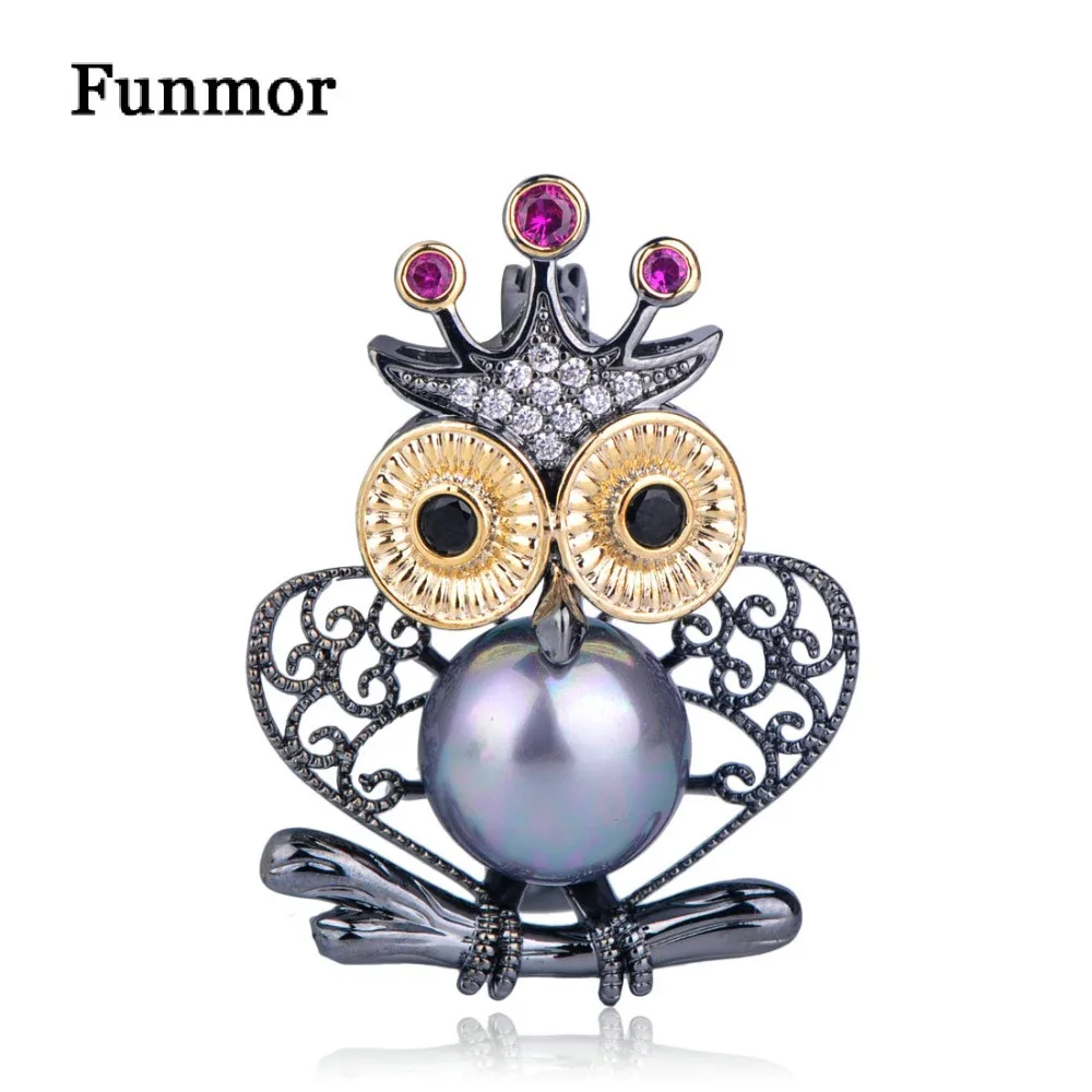 Женская медная брошка FUNMOR с имитацией жемчуга циркония короны совы в двух тонах