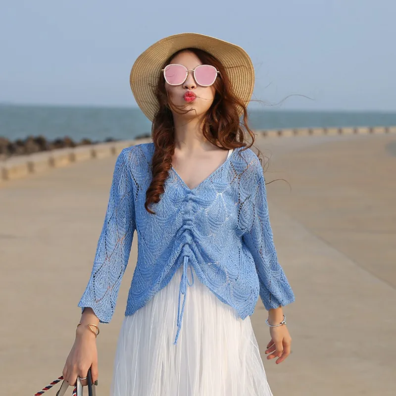 GIGOGOU Spring Summer Autumn Women Sweater V Neck Hollow-out Pullovers Drawstring Long Sleeve Crop Top Knit Lurex Jumper Female | Женская