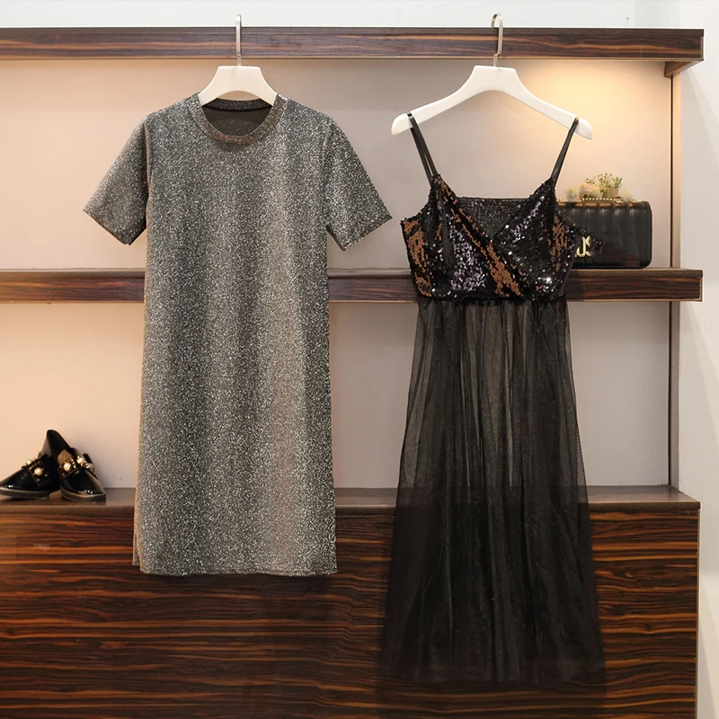 2019 летняя модная женская длинная футболка платье + расшитая блестками сетчатая