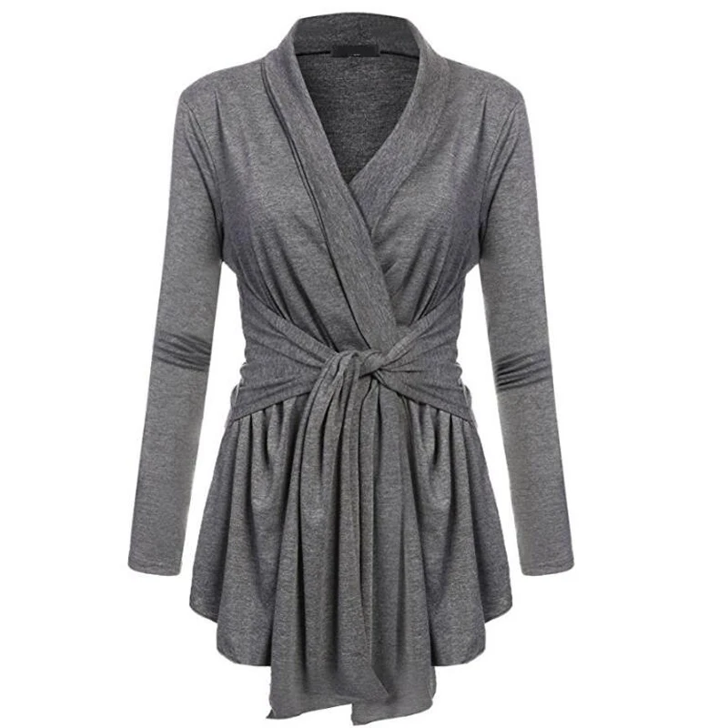 Серые ассиметричные кардиганы пальто с длинным рукавом облегающие женское