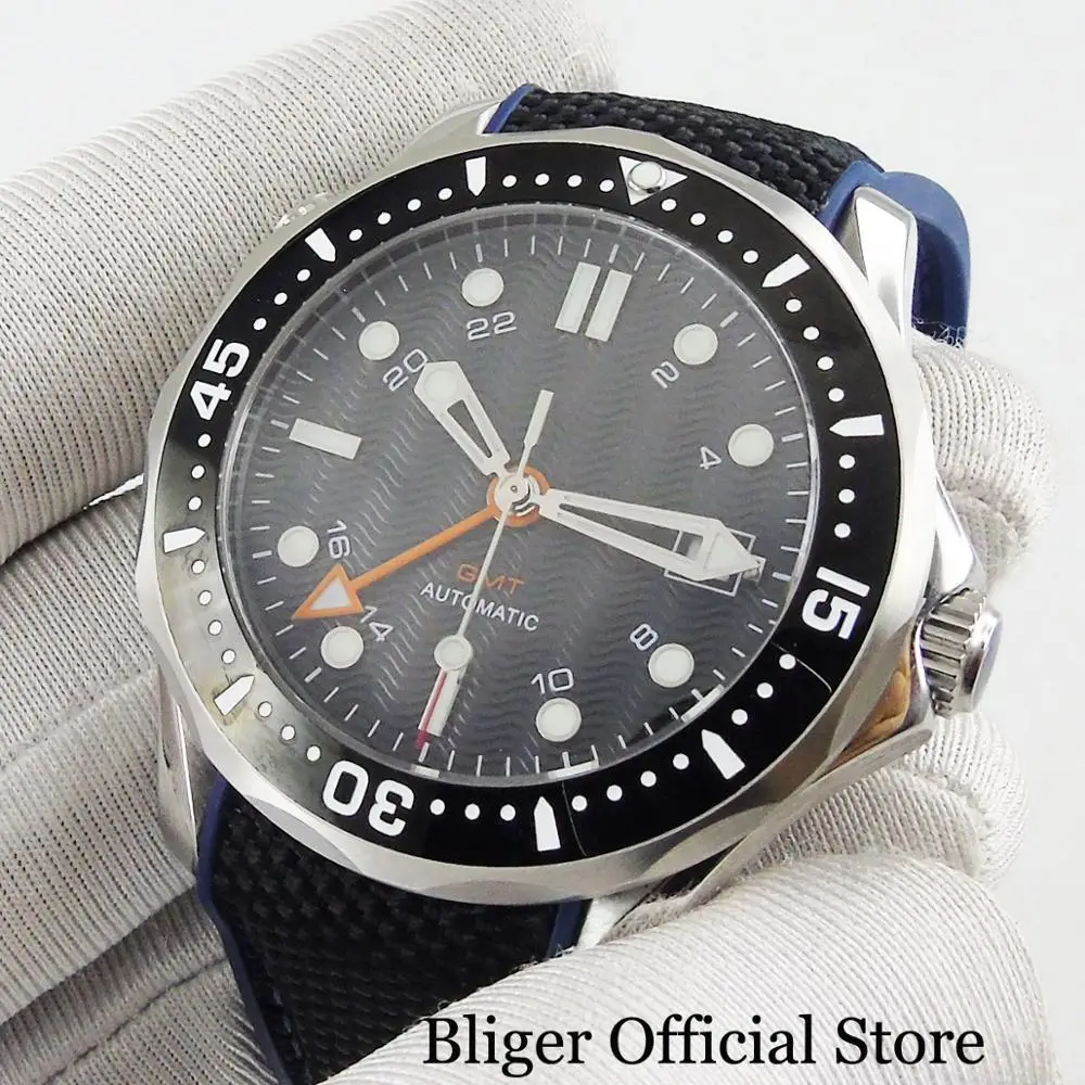 

BLIGER 41mm Sapphire Glass Auto Date GMT Function Rubber Strap Black Dial SSilver Case