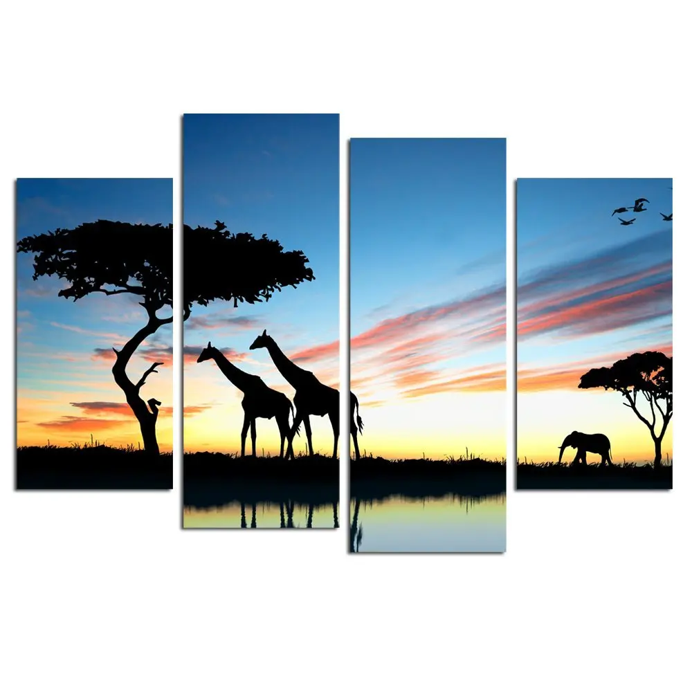 

4 pcs / set Canvas Print Painting Forest Sunset Sunlight Autumn giraffe Wall Art Home Decoration Living Room