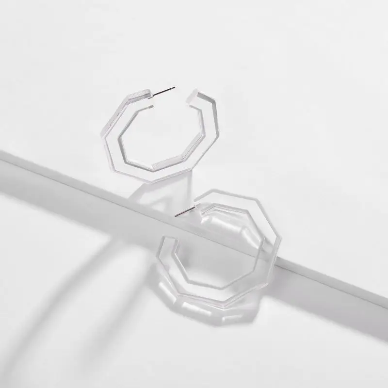 Transparent Hexagon C Shape Acetate Acrylic Hoop Earring Big Circular Women Contrast Colored Painting Large | Украшения и