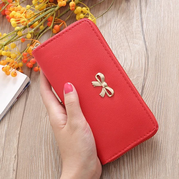 Red Wallets Женские кошельки мода конфеты сплошной цвет женский длинный кошелек милый сумка с бантом Сумочка для женщин деньги монета держателей карт леди кошелек - Цвет: Red Wallets