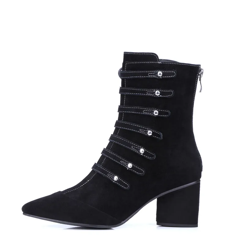 spesifikasi Smirnova 2018 Baru Fashion Semata Kaki Untuk Wanita Hitam Menunjuk Toe Suede Kulit Sepatu Tebal Tumit Wanita Musim Dingin Sepatu