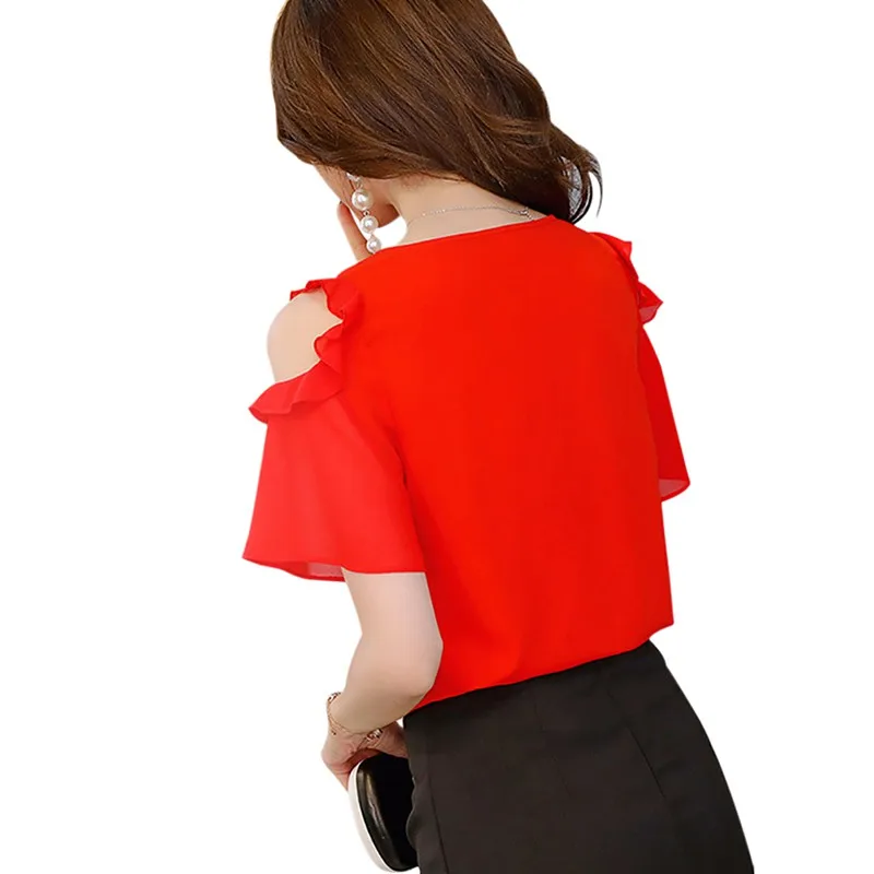

Women O Neck Solid Ruffled Short Sleeve Cold Shoulder Chiffon Blouse Summer Office Lady Tops