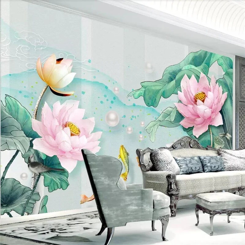 

wellyu 3D three-dimensional embossed lotus fresh watercolor lotus leaf TV background wall custom large mural green wallpaper