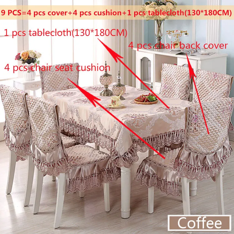Coffee 9pcs Luxury Europe Table Cloth Satin Printed Lace Chair Cover Cushion Set Hotel Wedding Decorat Banquet Home Dinning Tablecloth Set - Цвет: Coffee 9pcs