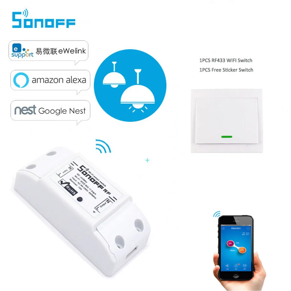 

Sonoff 433mhz WiFi Wireless Smart DIY ON/OFF Switch Module 10A Smart Home with free Position Wall Switch Work with Alexa/Nest