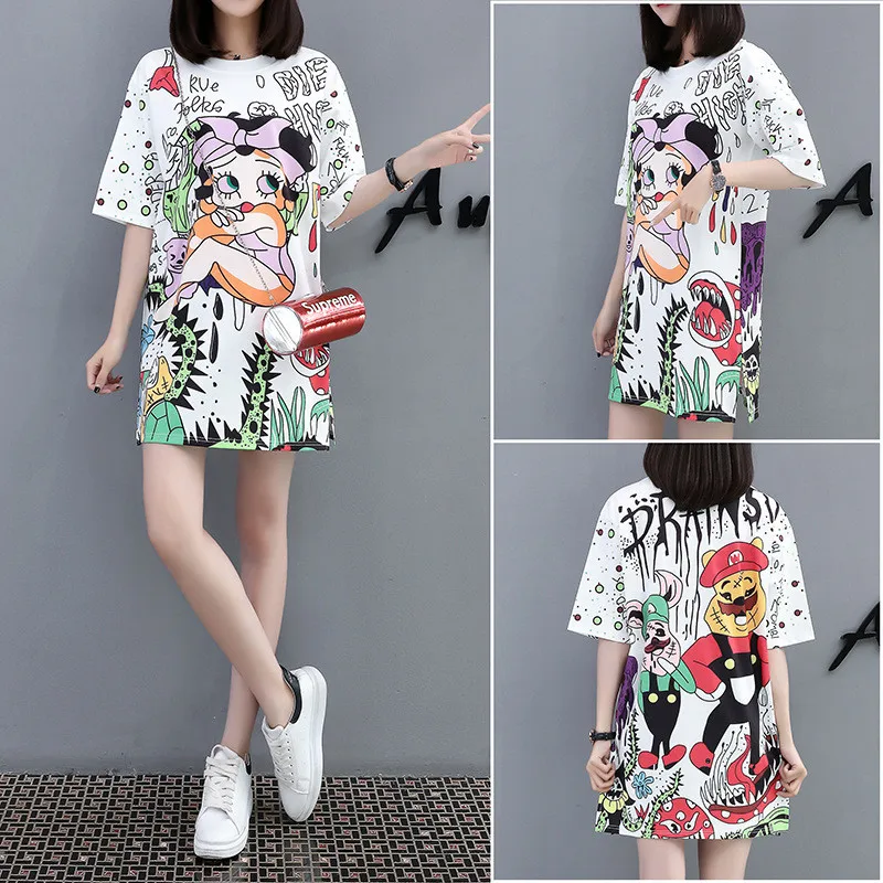 Fashion Summer Oversized Loose Dress Women Plus Size O Neck Half Sleeves Printed Casual T Shirt Dress Streetwear Mini Dress