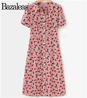 N190 pink H158 Bazaleas Франция синее летнее платье в горошек с цветочным принтом женское винтажное платье-миди с центральной пуговицей, облегающее праздничное платье vestidos, Прямая - Color: N190 pink H158
