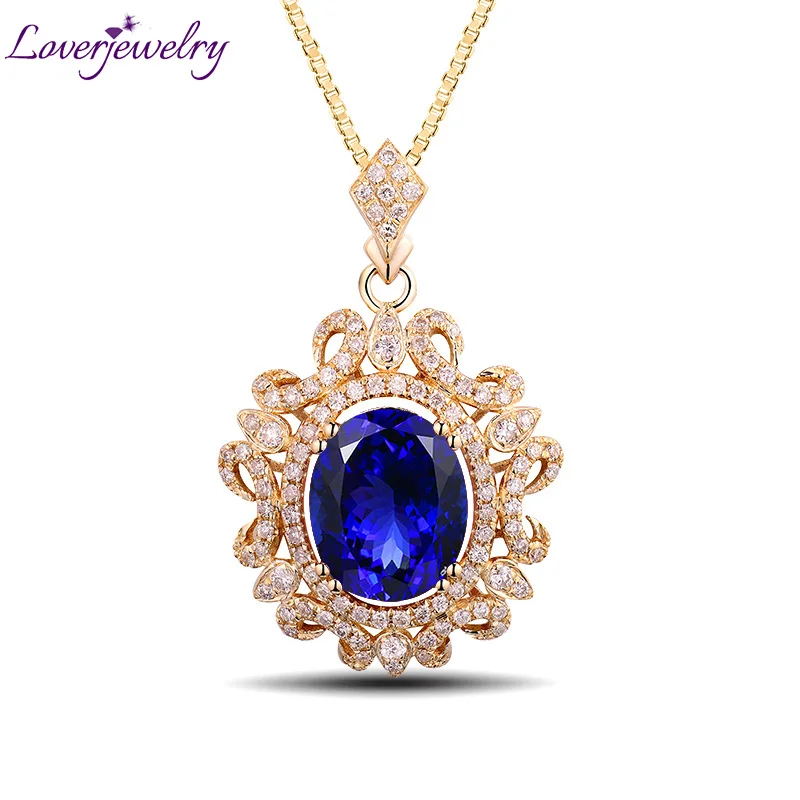 

LOVERJEWELRY Women Pendant Necklace Gorgeous 3.05ct Oval 8x10mm Blue Tanzanite Pendant With Diamond 14K Yellow Gold Fine Jewelry