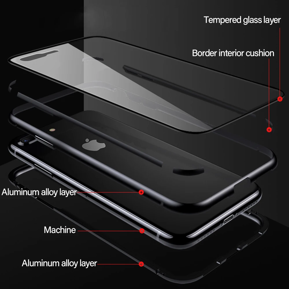 Magnetic Adsorption Tempered Glass Case For iPhone XS XR MAX 8 Plus 7 6 6S Metal Bumpers Back Full Cover Capa |