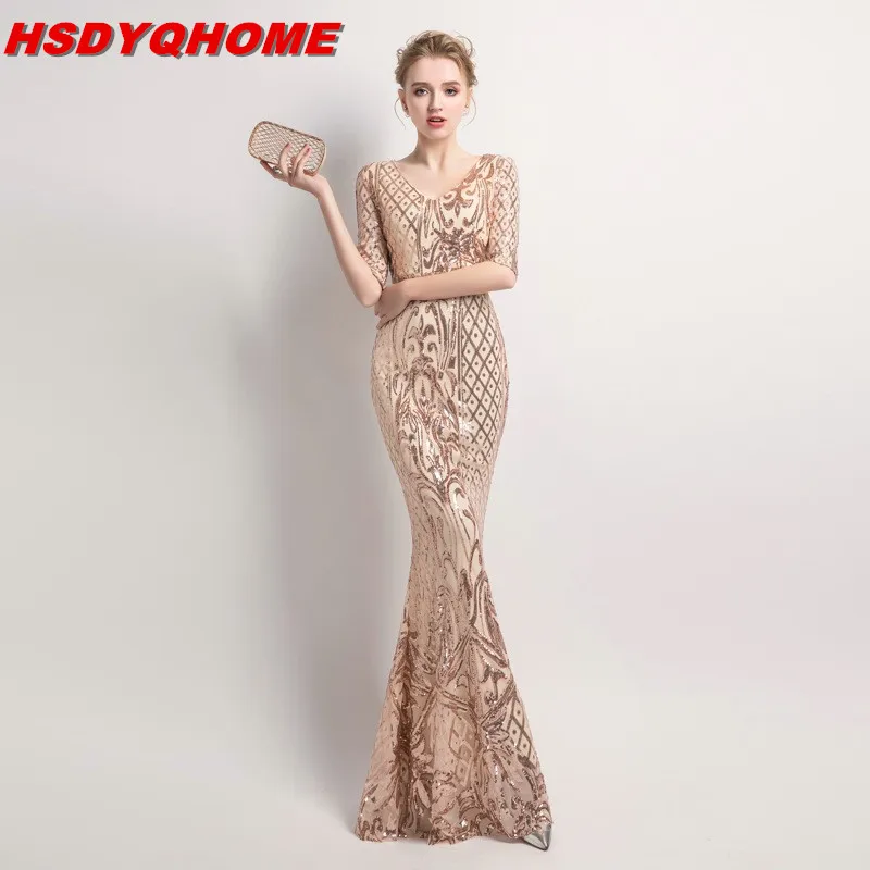 Женское вечернее платье HSDYQHOME Золотое с блестками и коротким рукавом длинное 2019 |