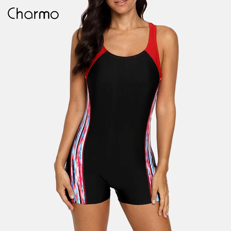 RED Charmo, сдельный женский спортивный купальник, спортивный, для бега, купальник, подкладка, бикини, для мальчиков, для ног, пляжная одежда, купальники, с принтом, монокини - Цвет: RED