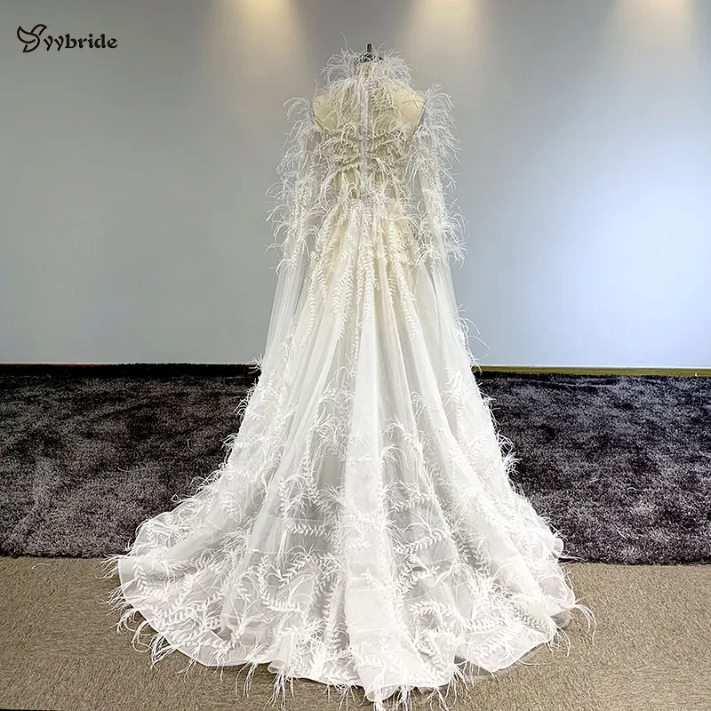 Yybride Новое Элегантное платье с перьями одежда с длинным рукавом закрытый ворот Бисероплетение платья на выпускной с кристаллами обувь, изготавливаемая на заказ вечерние платья с аппликацией