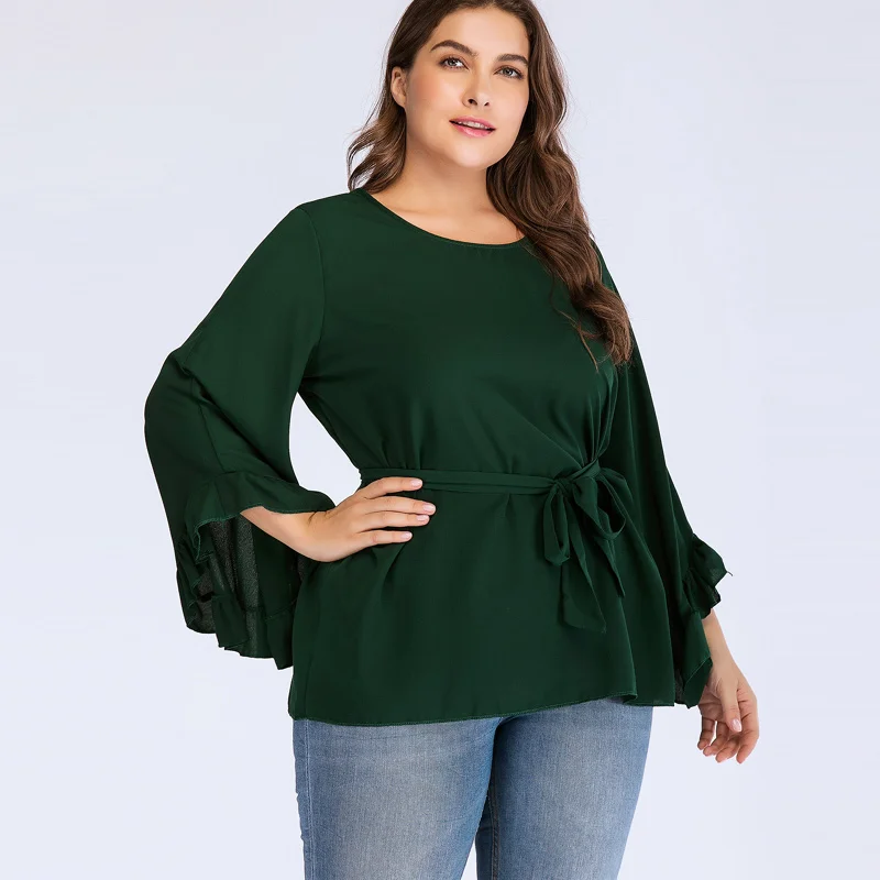SheBlingBling, блузка размера плюс 4XL, женская, v-образный вырез, длинный рукав-клеш, бант, украшение, летняя блузка, Женские топы и блузки