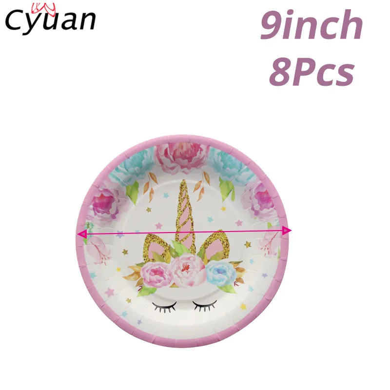 8pcs plate Cyuan Единорог День Рождения Декор бумажные кружки, тарелки, салфетки Торт Топперы Детские партии одноразовые наборы посуды для душа - Цвет: 8pcs plate