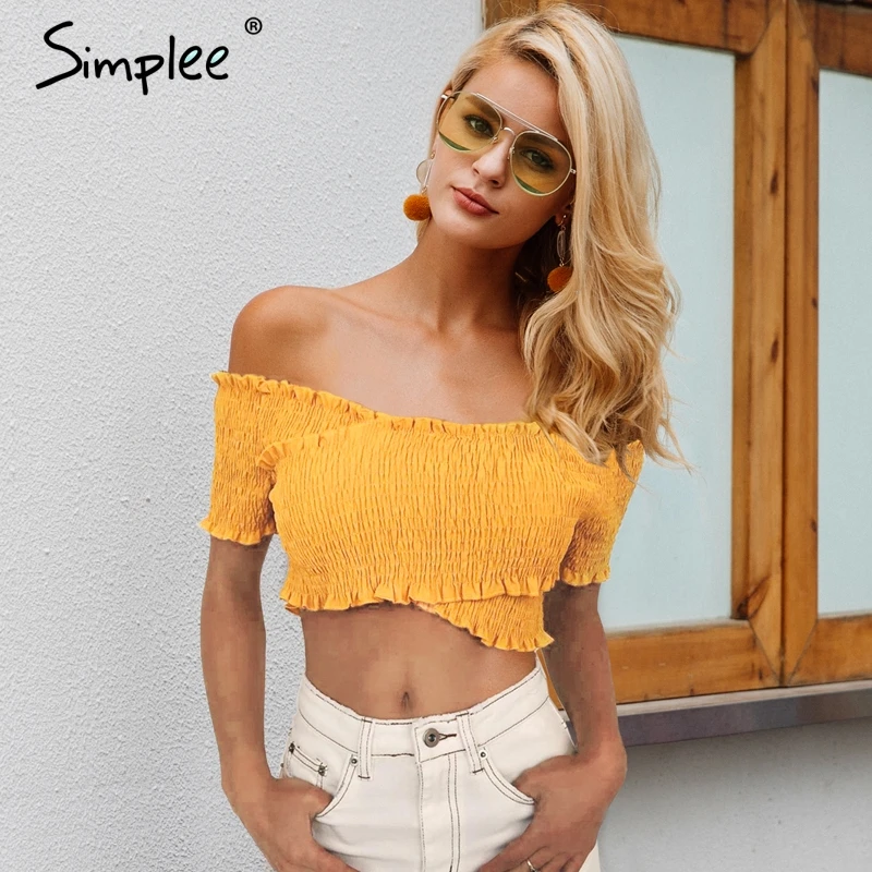 Simplee пикантные с открытыми плечами крест рюшами Топ коротким рукавом смокинг