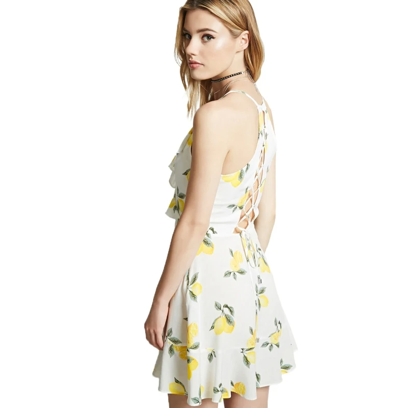 HDY Haoduoyi Women's Lemon Printed Strap Cross Back Slip Dress Deep V Neck Spaghetti Beach Dresses Party Mini Dresses|Женские платья|