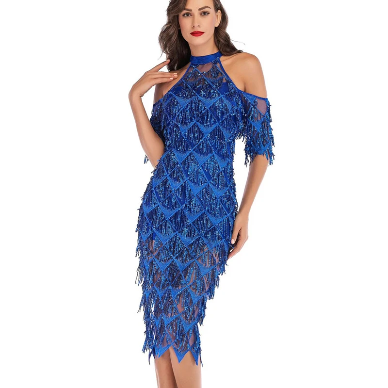 Сексуальное платье с открытыми плечами расшитое блестками женское элегантное до