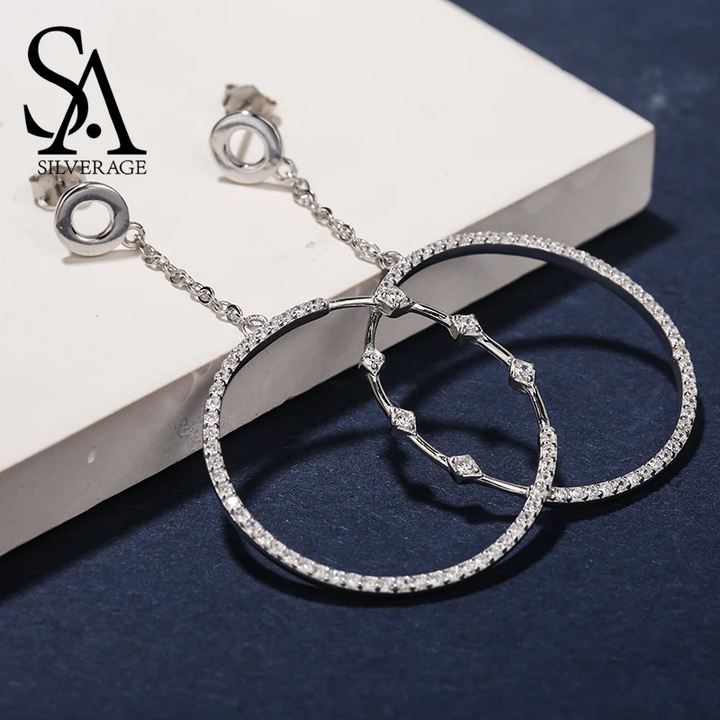 

SA SILVERAGE 925 Sterling Silver Circle Hoop Earrings for Woman Zirconia Long Earrings 925 Silver Big Earings boucle d'oreille