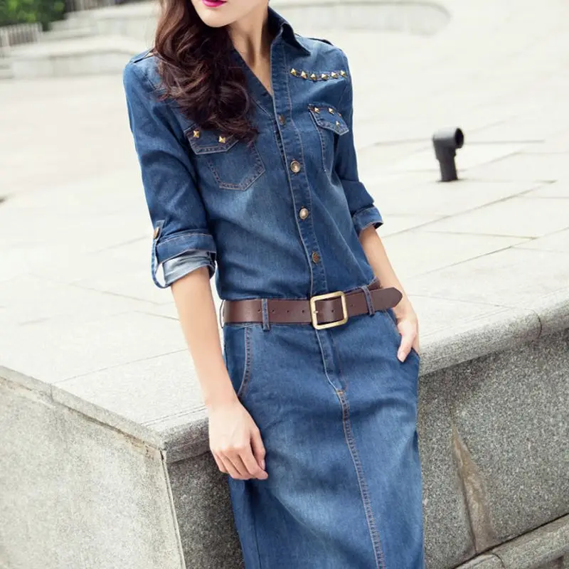 Новые модные джинсовые платья до щиколотки с заклепками женские осенние