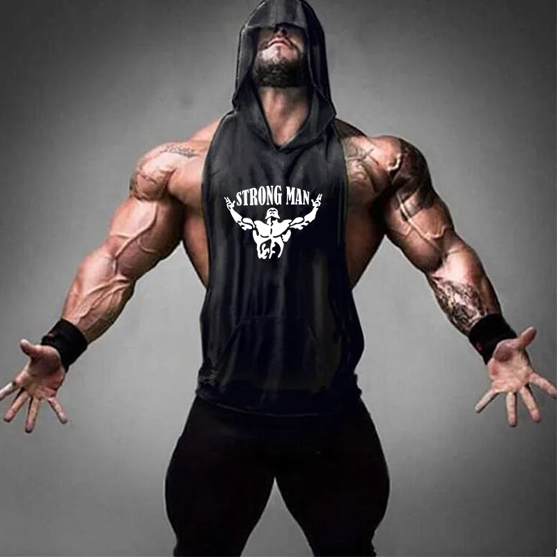 STRONG MAN black Брендовая Спортивная одежда для фитнеса, мужская хлопковая майка с капюшоном, мужская майка для бодибилдинга, майка для тренировки, майка без рукавов - Цвет: STRONG MAN black