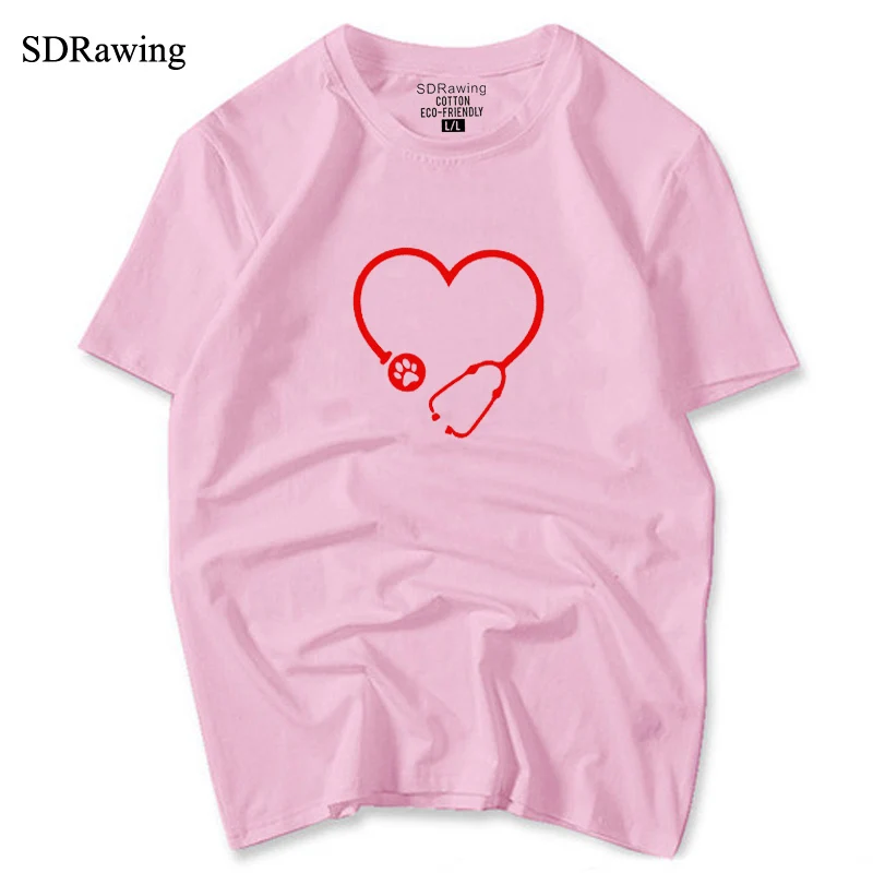 Футболка ветеринарная с принтом лапы в форме сердца модный топ круглым вырезом