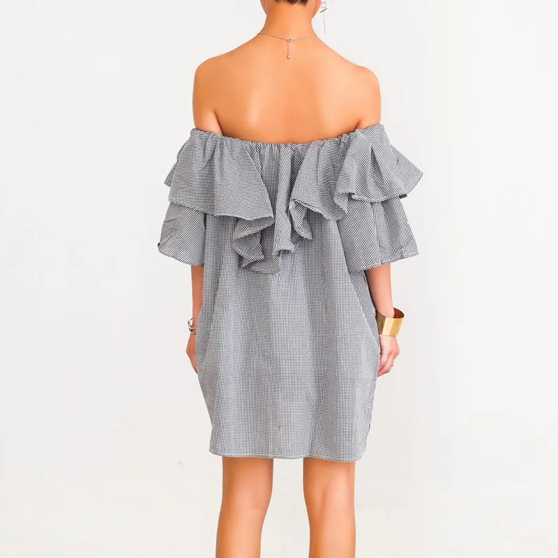 Платье Daily Apparel Women 2019 Fashion Designer Clothing Casual Summer Slash Ruffle Neck Off Shoulder A Line Plaid Beach Mini Dress.