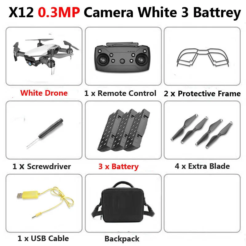 0.3MP White 3B Bag X12 WiFi FPV Mini Foldable Drone Camera 0.3MP 2MP HD Optical Flow Aerial Video Profissional RC Quadcopter Helicopter Toys SG106 - Цвет: 0.3MP White 3B Bag