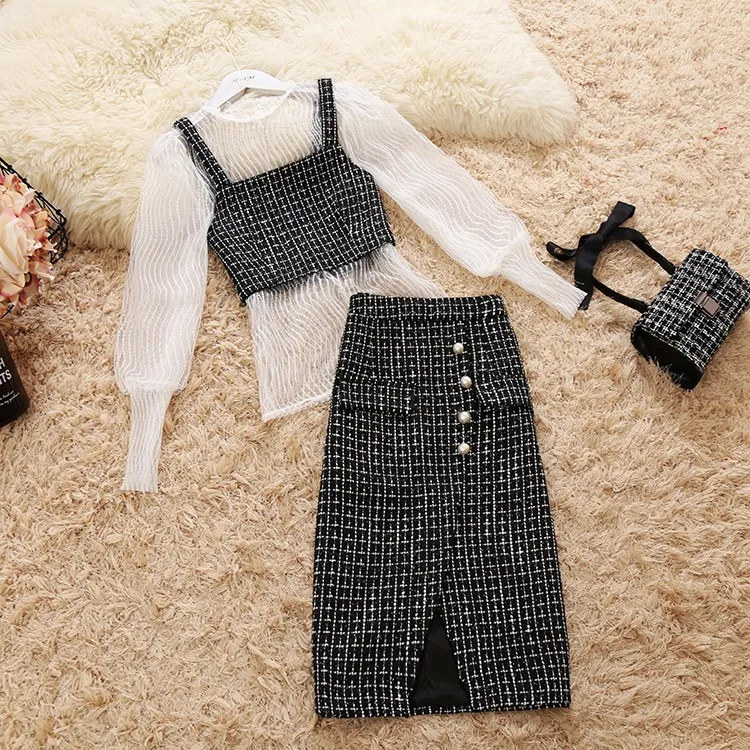 New round neck lantern sleeves knit lace shirt wool vest woolen Fashion Clothes Plaid Ladies bag hip skirt three-piece suit | Женская