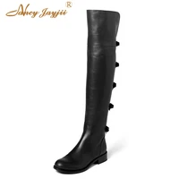 nancyjayjii black bow black patent leather knee high boots 2021 winter women%e2%80%99s round toe chunky heels 42 46 size zipper shoes