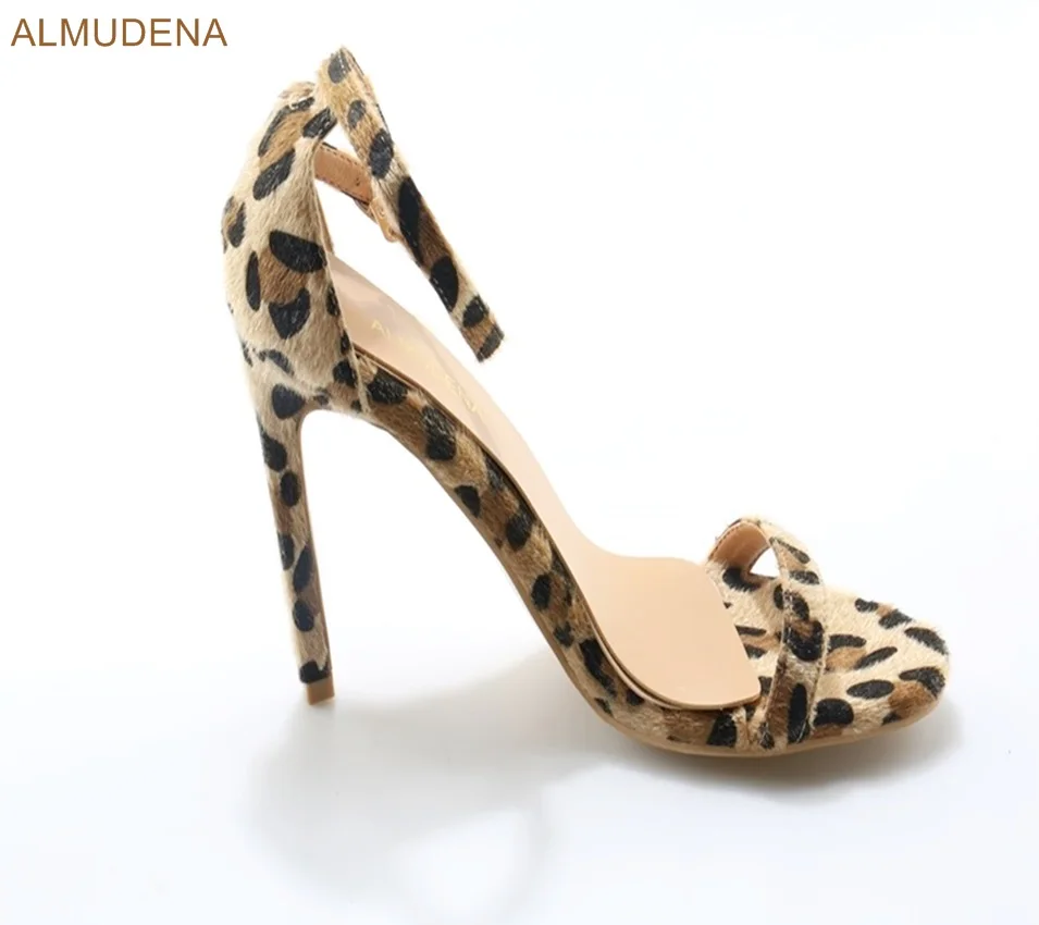 ALMUDENA Women Stylish Sexy Leopard Horse Hair Sandals Stiletto Heels Single Strap Pumps Ankle Buckle Contact Party Shoes | Обувь