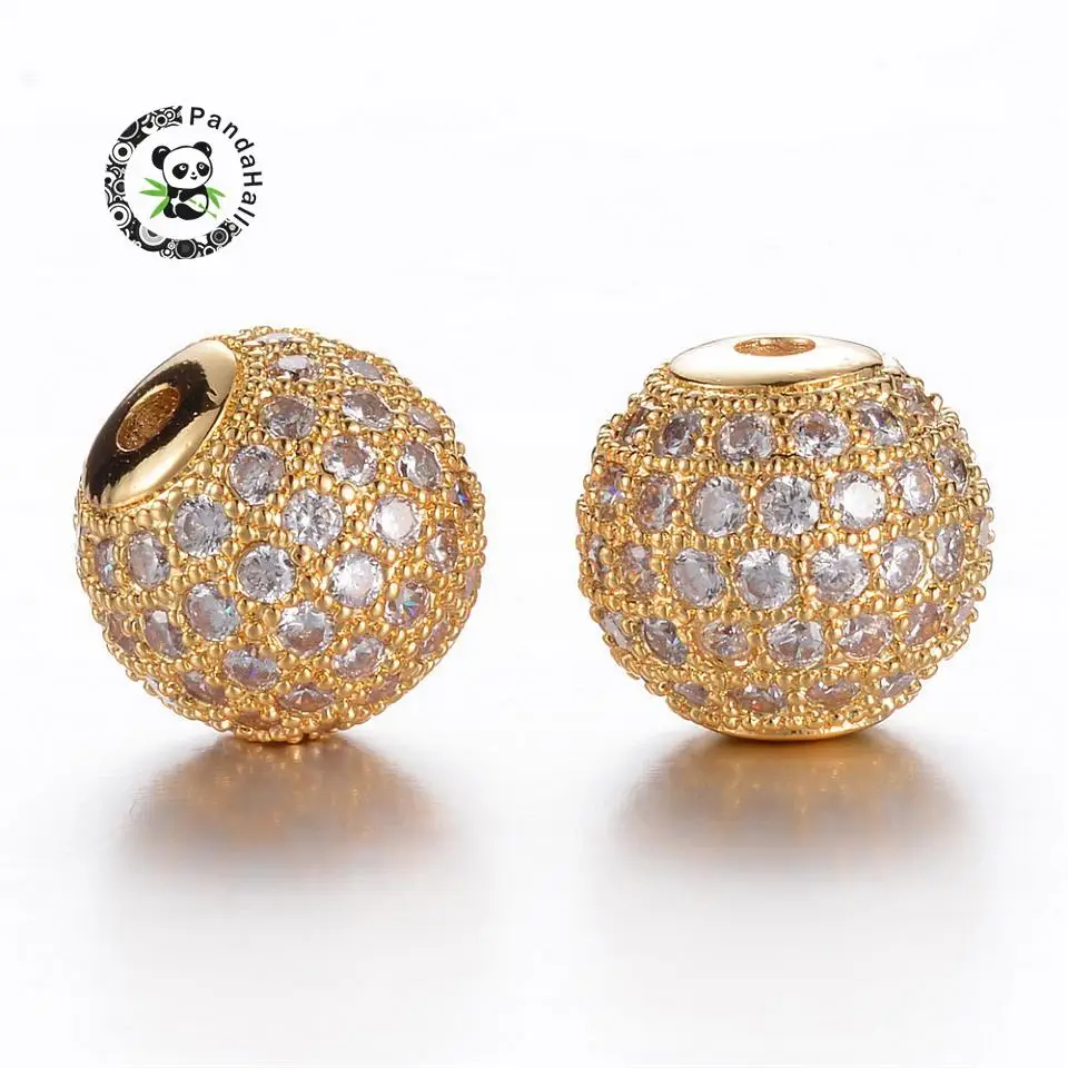 

10pcs Brass Cubic Zirconia Beads for Jewelry Making, Round, Golden, 10mm, Hole: 2mm