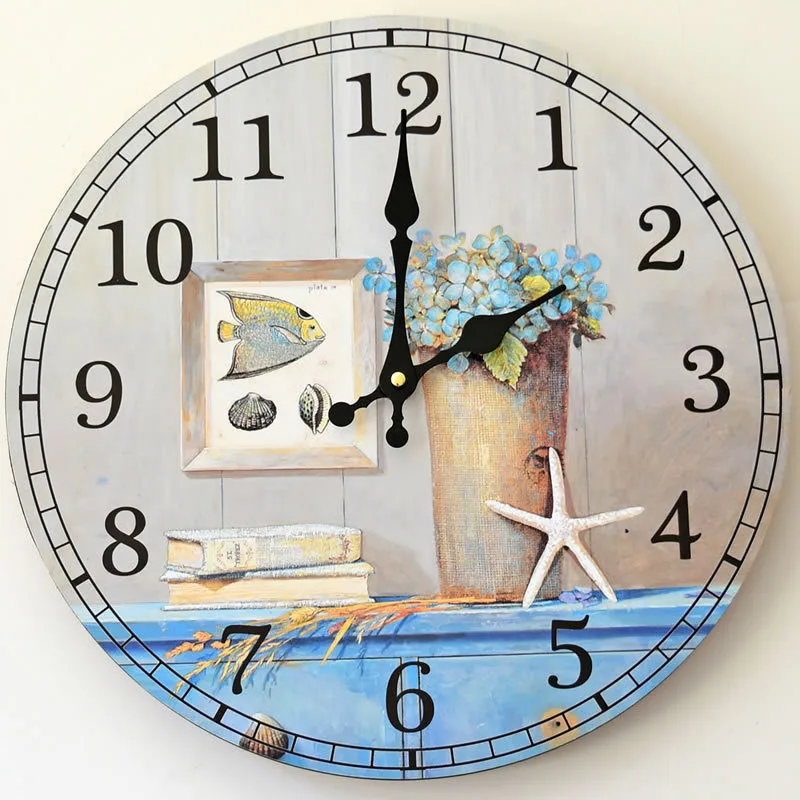 Home Study decoration wall clock mute wood Blue life Silent fish Pictures Styles Round Craft electronic digital | Дом и сад