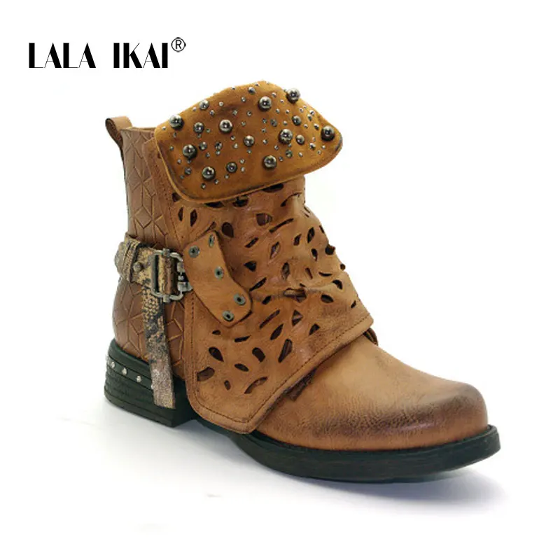 Brown LALA IKAI/женские ботильоны из искусственной кожи; зимние ботинки в западном стиле на платформе и среднем каблуке; бархатные ботинки на молнии; 900A2164-5 - Цвет: Brown
